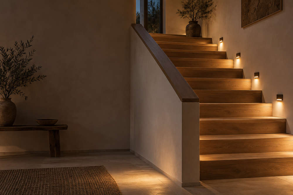 Visuel d’ambiance illustratif : escalier en bois éclairé d’une lumière chaude
