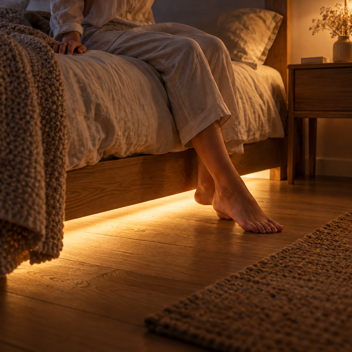 Illustration d’utilisation : lumière indirecte sous le lit lors d’un lever nocturne